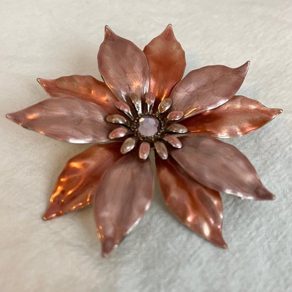 Vintage Flower Brooch with Pink Rhinestone center, Pink and Salmon - Picture 1 of 6